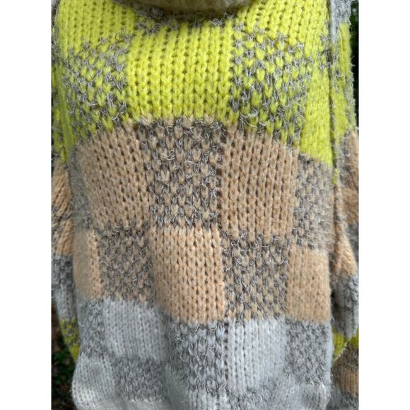 Free People Small Cowl Neck Checked Yellow Beige Oversized Chunky Knit Sweater - Picture 5 of 6